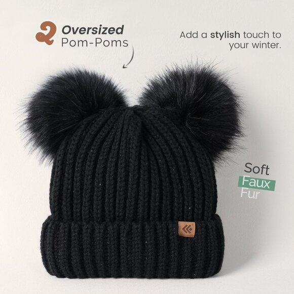 Double Pom Pom Beanie for Women Girls Warm Fleece Lined Knit Black Winter Hat - Picture 3 of 8